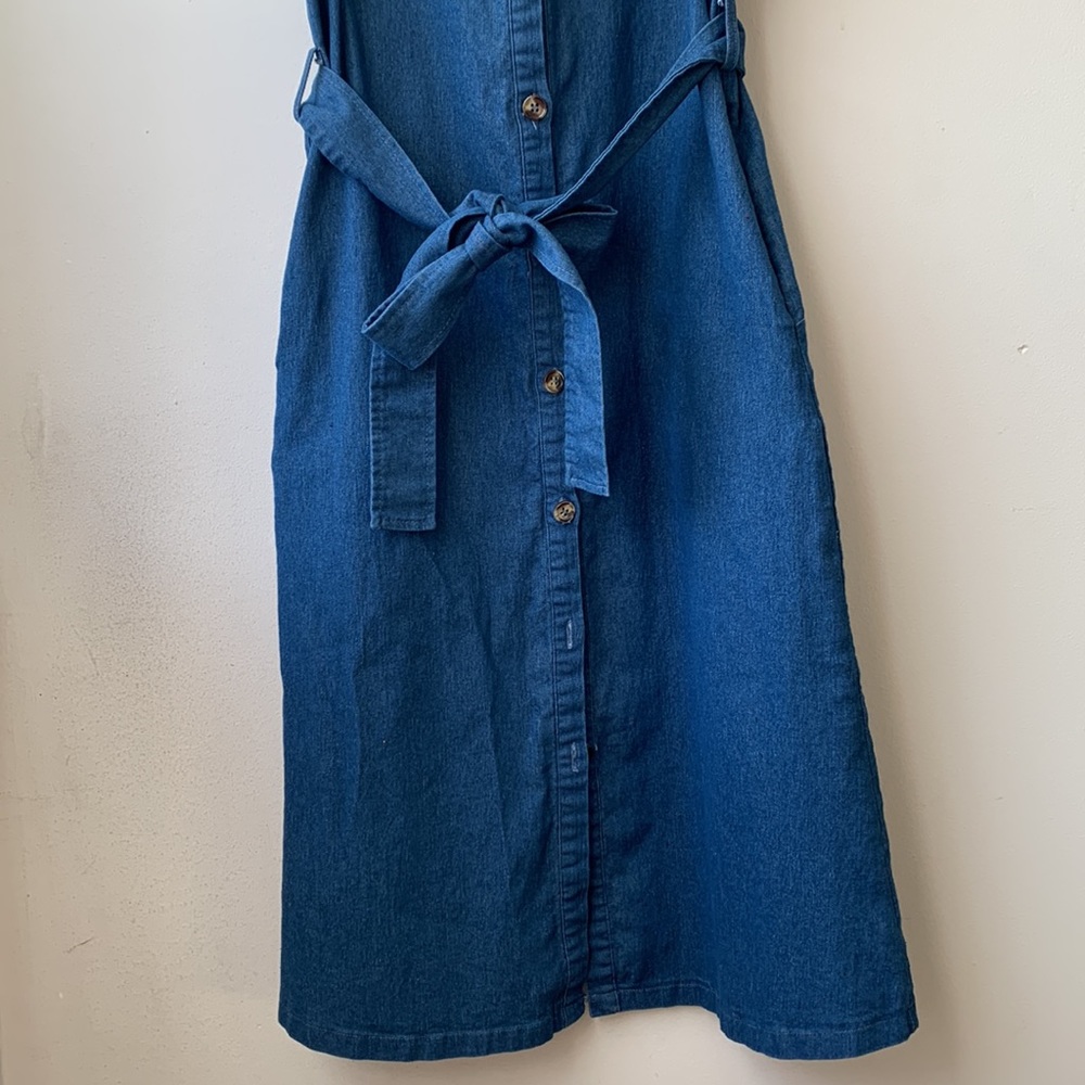 Stretchy Denim Button Down Dress with Waist Tie - Picture 3 of 12